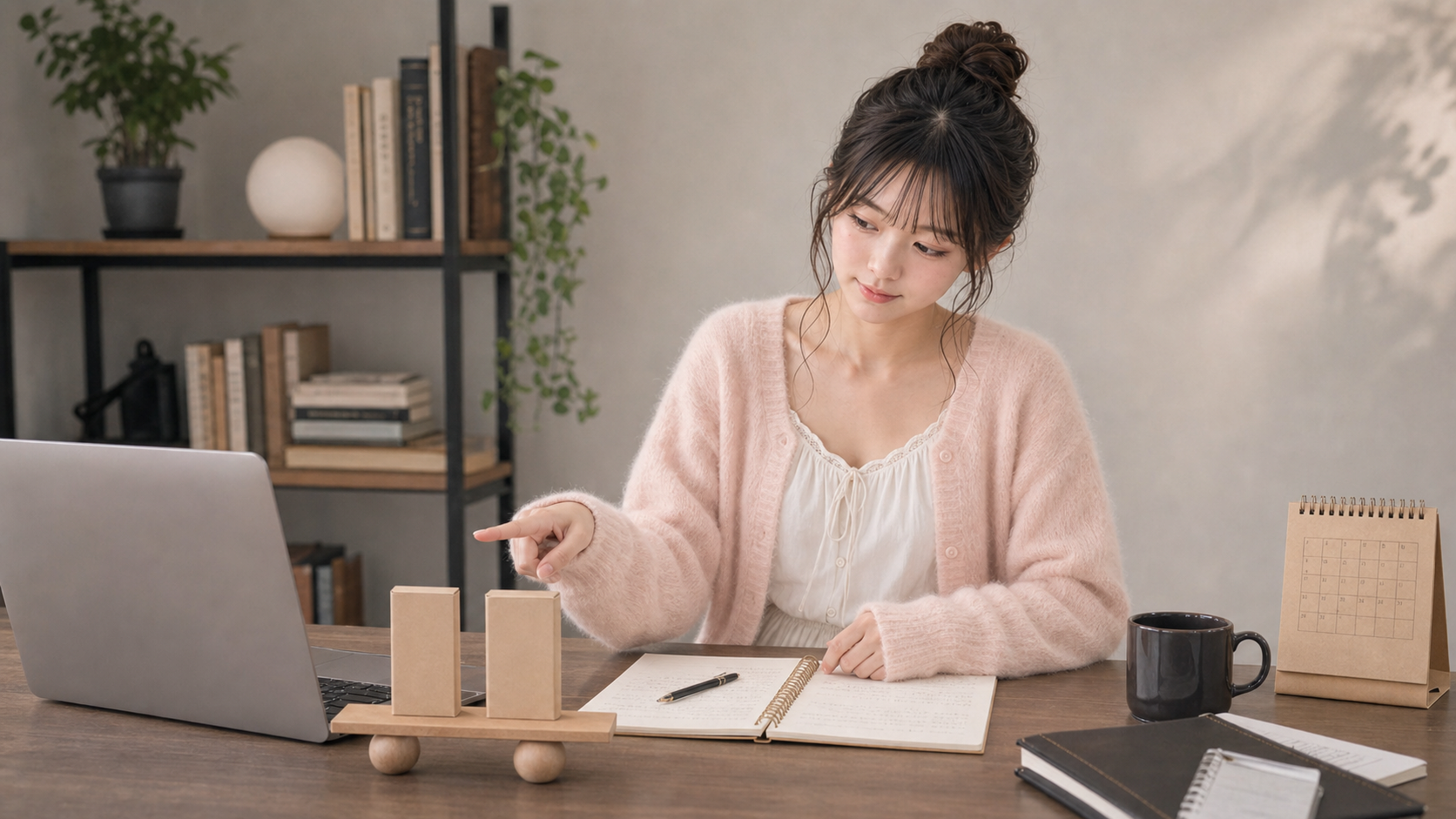 パソコンと二つの比較対象を前に利用方法を検討する月島ひより